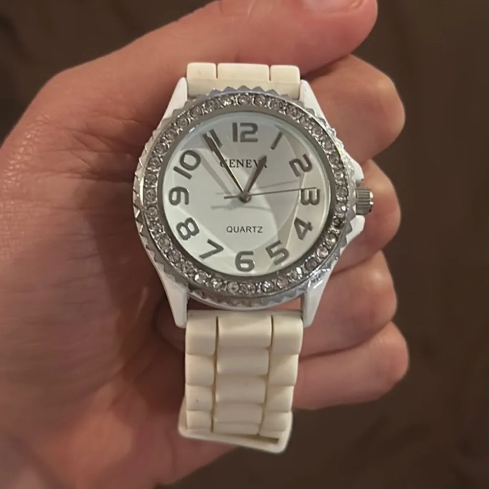Geneva Silver and White Quartz Watch with Rhinestone Accents